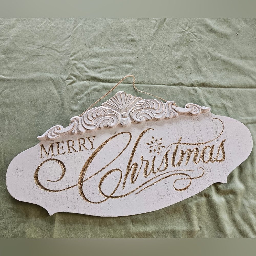 NEW White Ivory Classic Boho Merry Christmas‎ Wall Glitter Sign Decor Ashland